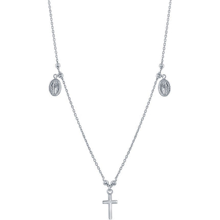 Classic Women's Necklace - Sterling Silver Small Cross with Medals Station | L-3690 ,
