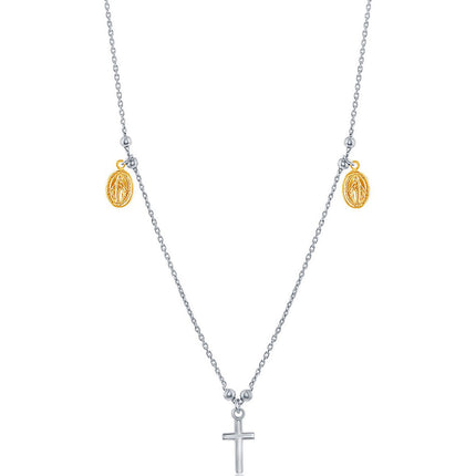 Classic Women's Necklace - Sterling Silver Small Cross with Gold Medals | L-3691 ,