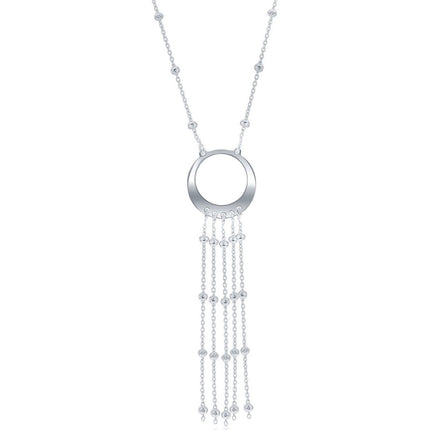 Classic Women's Necklace - Silver Tasseled Open Circle Diamond Cut Beaded | L-3931 ,
