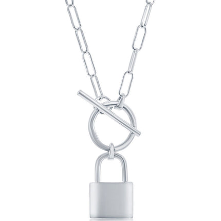 Classic Women's Necklace - Sterling Silver Lock Charm Paperclip Design | L-4318 ,