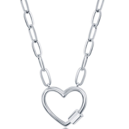 Classic Women's Necklace - Sterling Silver Shiny Heart Carabiner Paperclip | L-4352 ,