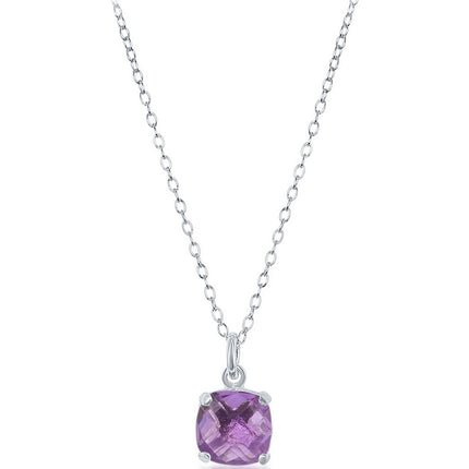 Classic Women's Necklace - Sterling Silver 8mm Cushion-cut Amethyst Gem | M-5087 ,