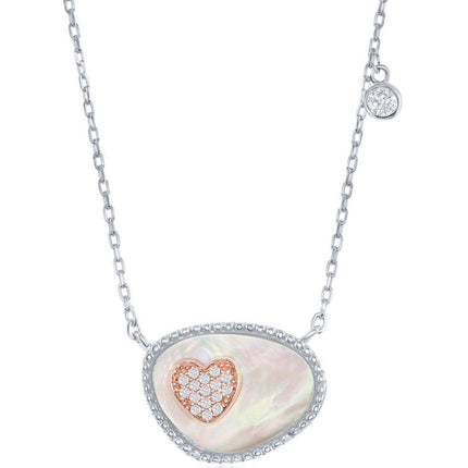 Classic Women's Necklace - Sterling Silver Oval MOP and Rose Gold CZ Heart | M-5791 ,