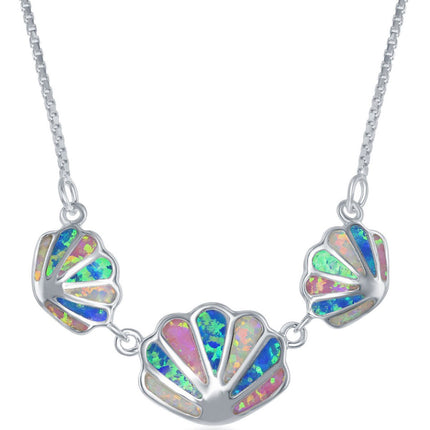 Women's Necklace - Silver White, Pink and Blue Inlay Opal Sea Shell | M-5799 ,