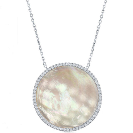 Classic Women's Necklace - Sterling Silver Mother of Pearl Disc with CZ | M-5853 ,