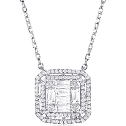 Classic Women's Necklace - Sterling Silver Double Square Baguette White CZ | M-5869 ,
