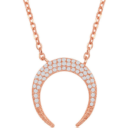 Classic Women's Necklace - Sterling Silver Rose Gold Tone Reverse Horn CZ | M-5921 ,