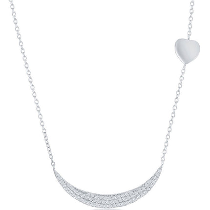 Classic Women's Necklace - Micro Pave Crescent with Sideways Shiny Heart | M-5961 ,