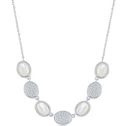 Classic Women's Necklace - Silver Alternating Oval Micro Pave CZ and MOP | M-6096 ,