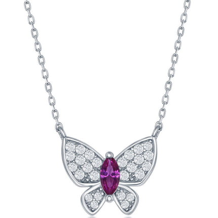 Classic Women's Necklace - Sterling Silver White CZ with Ruby CZ Butterfly | M-6440 ,