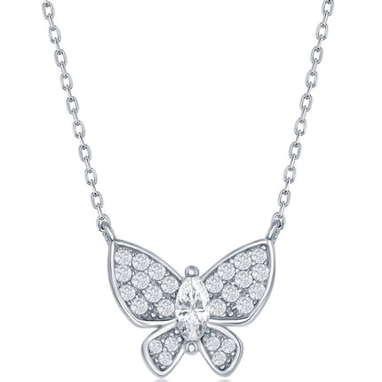 Classic Women's Necklace - Silver White CZ Butterfly with Lobster Clasp | M-6441 ,