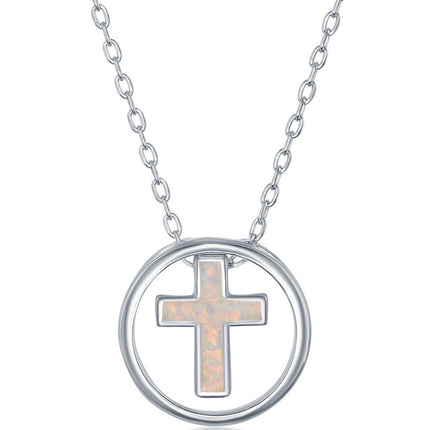Women's Necklace - Sterling Silver White Inlay Opal Cross Disc | M-6468 ,