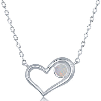 Women's Necklace - Sterling Silver White Inlay Opal Circle Heart | M-6479 ,