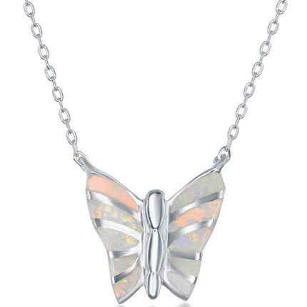 Women's Necklace - Sterling Silver White Inlay Opal Butterfly Print | M-6483 ,