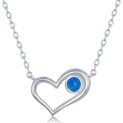 Women's Necklace - Sterling Silver Blue Inlay Opal Circle Heart | M-6520 ,
