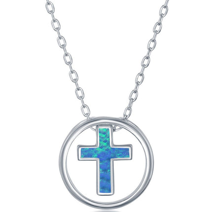 Women's Necklace - Sterling Silver Blue Inlay Opal Cross Circle | M-6535 ,