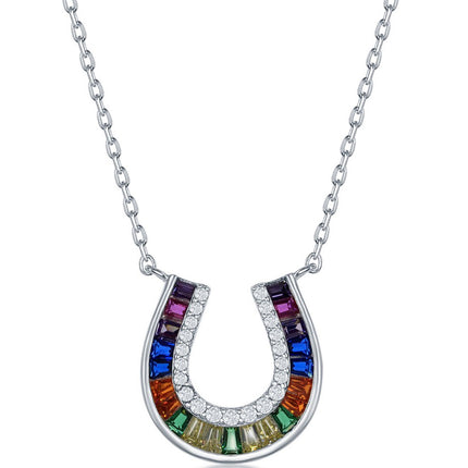 Classic Women's Necklace - Sterling Silver Baguette Rainbow CZ Horseshoe | M-6592 ,