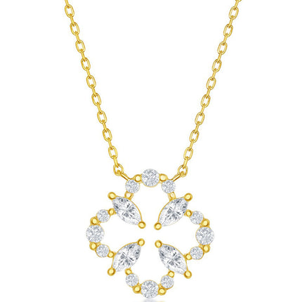 Classic Women's Necklace - Sterling Silver Gold Plated Flower Design CZ | M-6594-GP ,