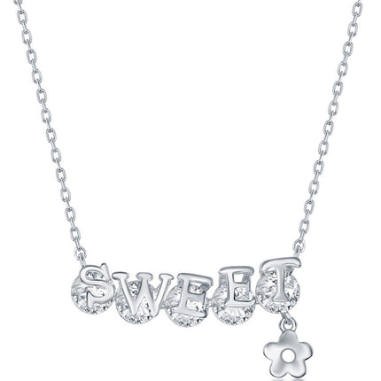Classic Women's Necklace - Sterling Silver SWEET Bar White CZ Flower Charm | M-6598 ,