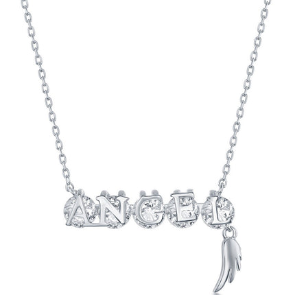 Classic Women's Necklace - Sterling Silver ANGEL Bar White CZ Angel Charm | M-6600 ,