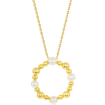 Classic Women's Necklace - Freshwater Pearl and Gold Tone Beaded Circle | M-6601-GP ,