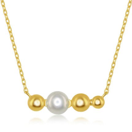 Classic Women's Necklace - Gold Plated Freshwater Pearl and Beaded Bar | M-6602-GP ,