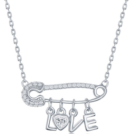 Classic Women's Necklace - Sterling Silver White CZ Safety Pin LOVE Pendant | M-6603 ,