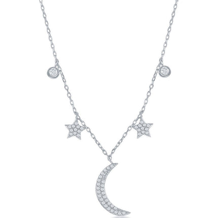 Classic Women's Necklace - Sterling Silver Moon and Stars CZ Bezel-Set | M-6604 ,