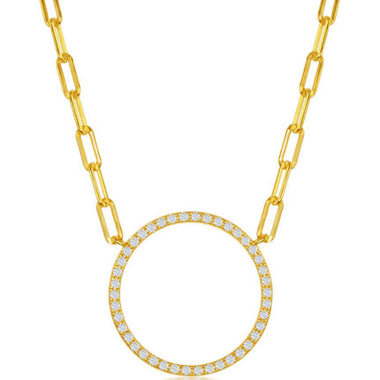 Classic Women's Necklace - Gold Plated Circle of Life Paperclip White CZ | M-6614-GP ,