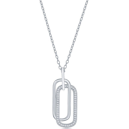 Classic Women's Necklace - Sterling Silver Double Oval CZ Paperclip Design | M-6619 ,