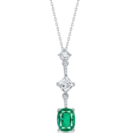 Classic Women's Necklace - Sterling Silver White CZ and Cushion-Cut Emerald | M-6622 ,