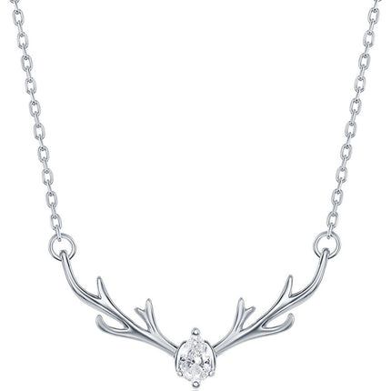 Classic Women's Necklace - Silver Pear-Shaped CZ with Reindeer Antlers | M-6624 ,