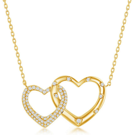Classic Women's Necklace - Gold Tone Micro Pave CZ Interlocking Hearts | M-6630-GP ,