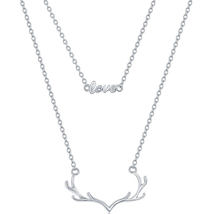 Classic Women's Necklace - Sterling Silver Love and Antlers Double Layered | M-6634 ,