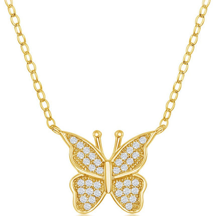 Classic Women's Necklace - Sterling Silver Gold Micro Pave CZ Butterfly | M-6639-GP ,