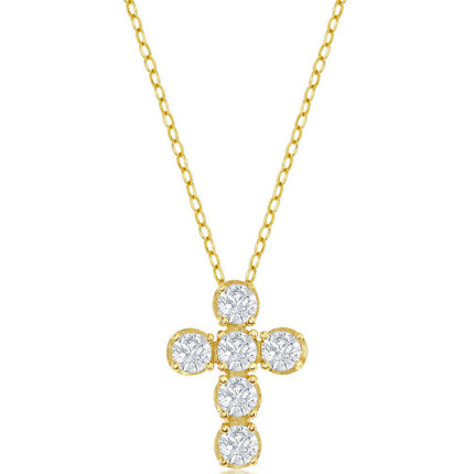 Classic Women's Necklace - Sterling Silver Gold Plated CZ Cross Design | M-6640-GP ,