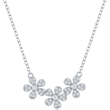Classic Women's Necklace - Sterling Silver Triple Flower Design White CZ | M-6644 ,
