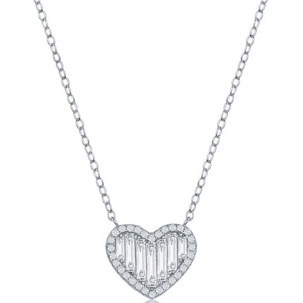 Classic Women's Necklace - Sterling Silver Round and Baguette CZ Heart | M-6645 ,