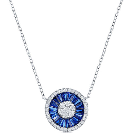 Classic Women's Necklace - Silver White CZ and Sapphire CZ Baguette Circle | M-6646 ,