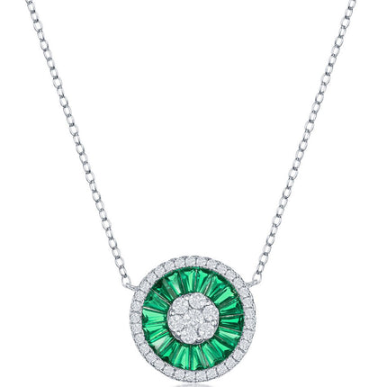 Classic Women's Necklace - Silver White CZ and Emerald CZ Baguette Circle | M-6648 ,