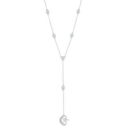 Classic Women's Necklace - Silver Bezel-Set CZ By the Yard Moon and Star | M-6651 ,