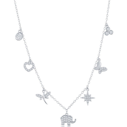 Classic Women's Necklace - Sterling Silver Multi Charm White CZ Station | M-6654 ,