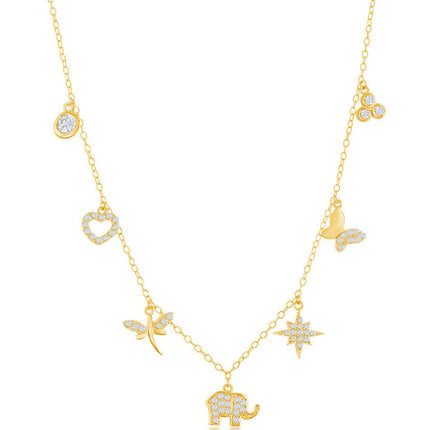 Classic Women's Necklace - Sterling Silver Gold Multi Charm CZ Station | M-6654-GP ,