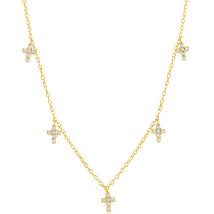 Classic Women's Necklace - Sterling Silver Gold Plated Dangling CZ Cross | M-6658-GP ,