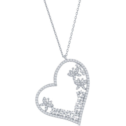 Classic Women's Necklace - Sterling Silver White CZ Heart and Butterflies | M-6663 ,