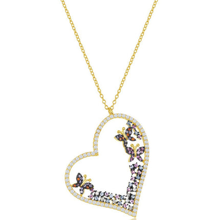 Classic Women's Necklace - Gold Tone Multicolor CZ Heart and Butterflies | M-6663-GP ,
