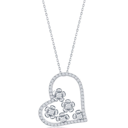Classic Women's Necklace - Sterling Silver CZ Heart and Flowers Design | M-6665 ,