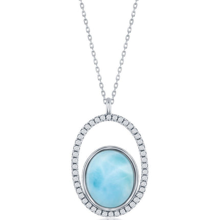 Women's Necklace - Sterling Silver Oval Larimar with CZ | M-6693 ,