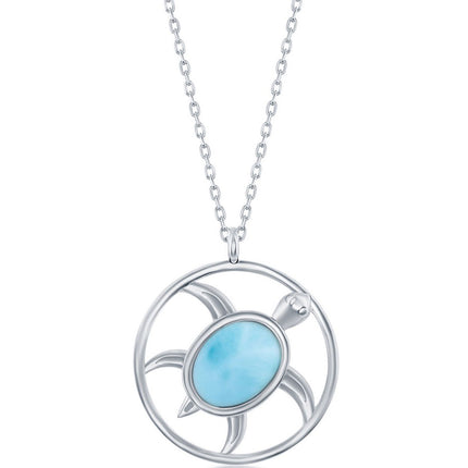 Women's Necklace - Sterling Silver Oval Larimar Turtle | M-6696 ,