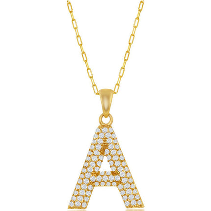 Classic Women's Necklace - Gold Tone Pave CZ A Initial with Paperclip Chain | M-6697 ,